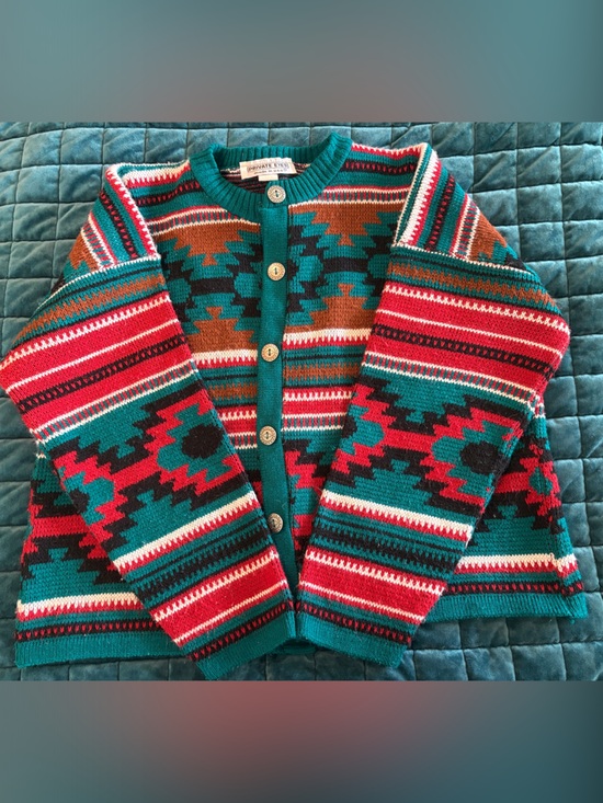 Private Eyes Sweaters - Teal & Red Patterned Knit Cardigan Sweater